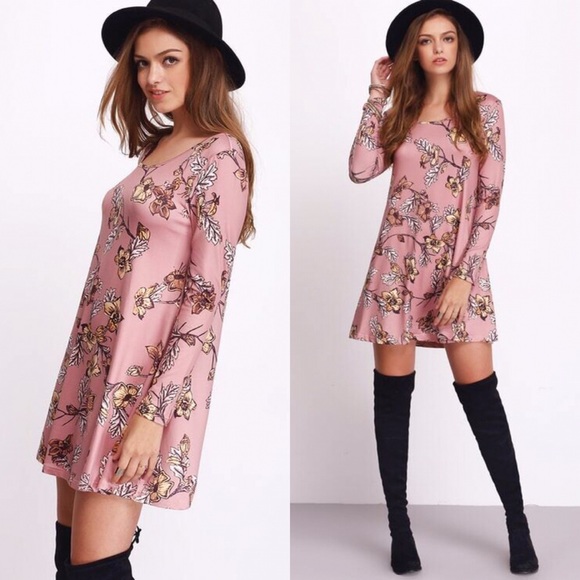 🌸 Rosy Pink Floral A Line Long Sleeve Swing Dress - Picture 5 of 5